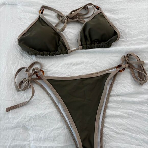 SHEIN Green Tan Trendy Matching Bikini 2 Piece Swimwear Bikini Summer Medium Set - Picture 2 of 3
